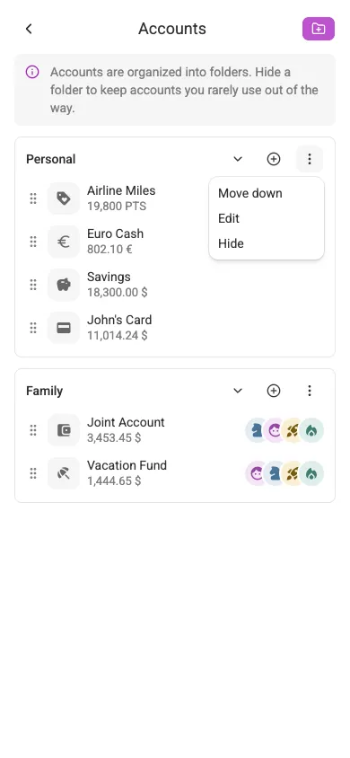 The folder menu (mobile)