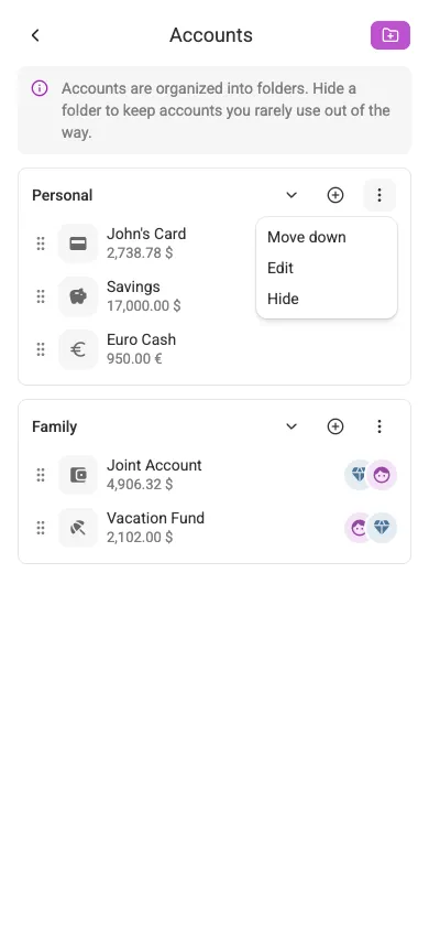 The folder menu (mobile)