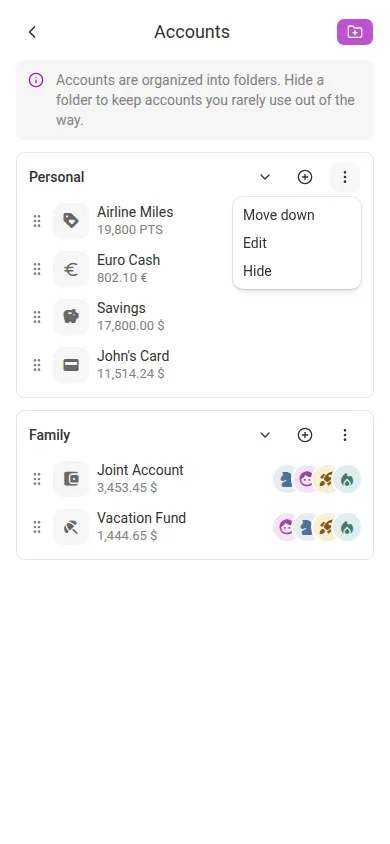 The folder menu (mobile)