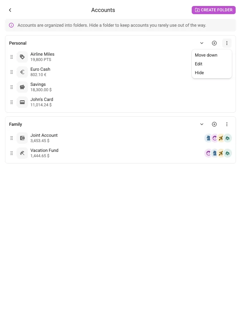 The folder menu (tablet)