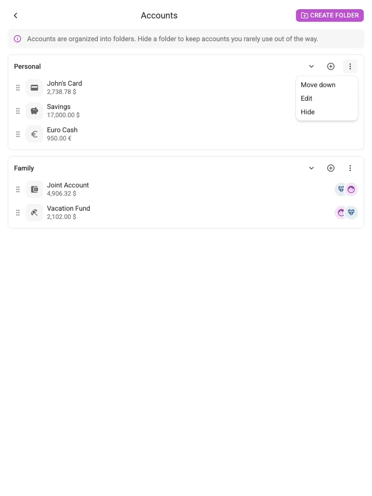 The folder menu (tablet)