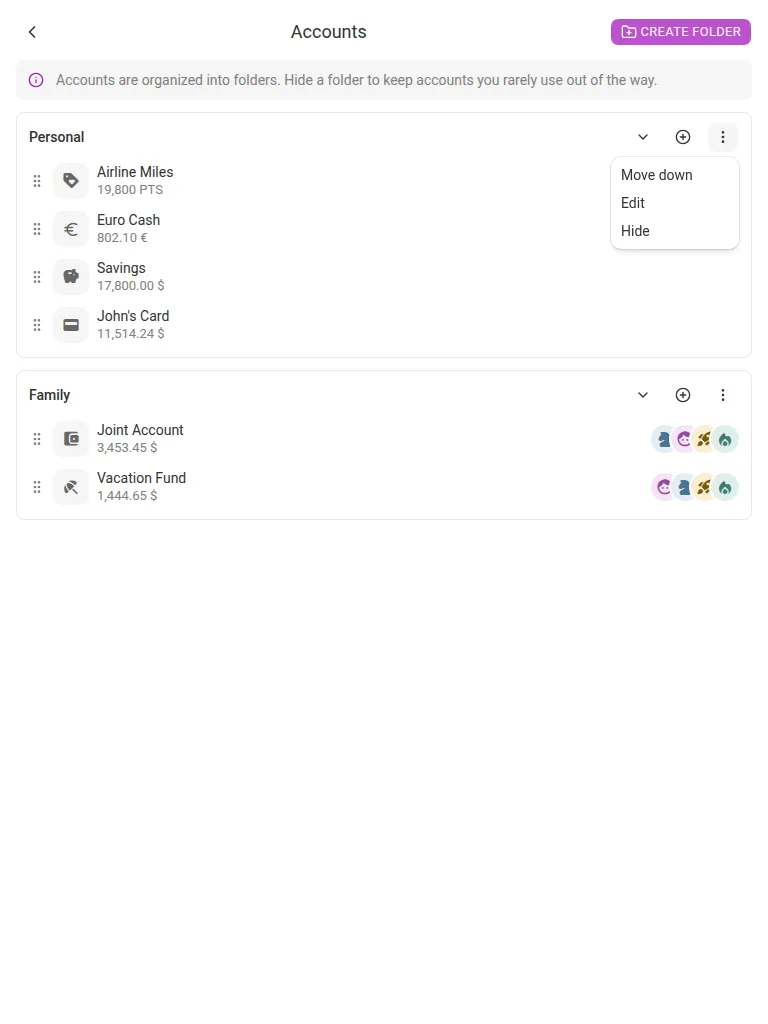 The folder menu (tablet)
