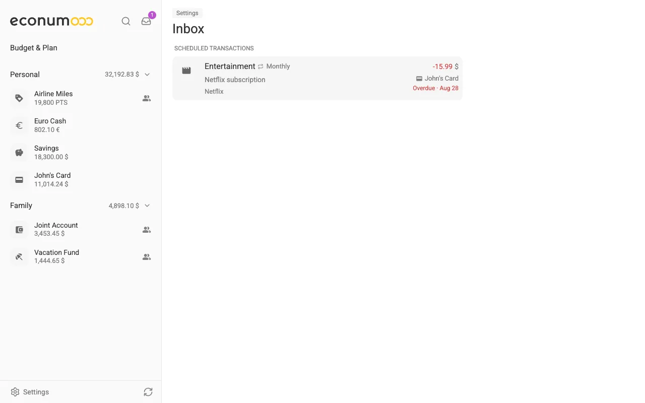 The Inbox with an overdue recurring payment (desktop)