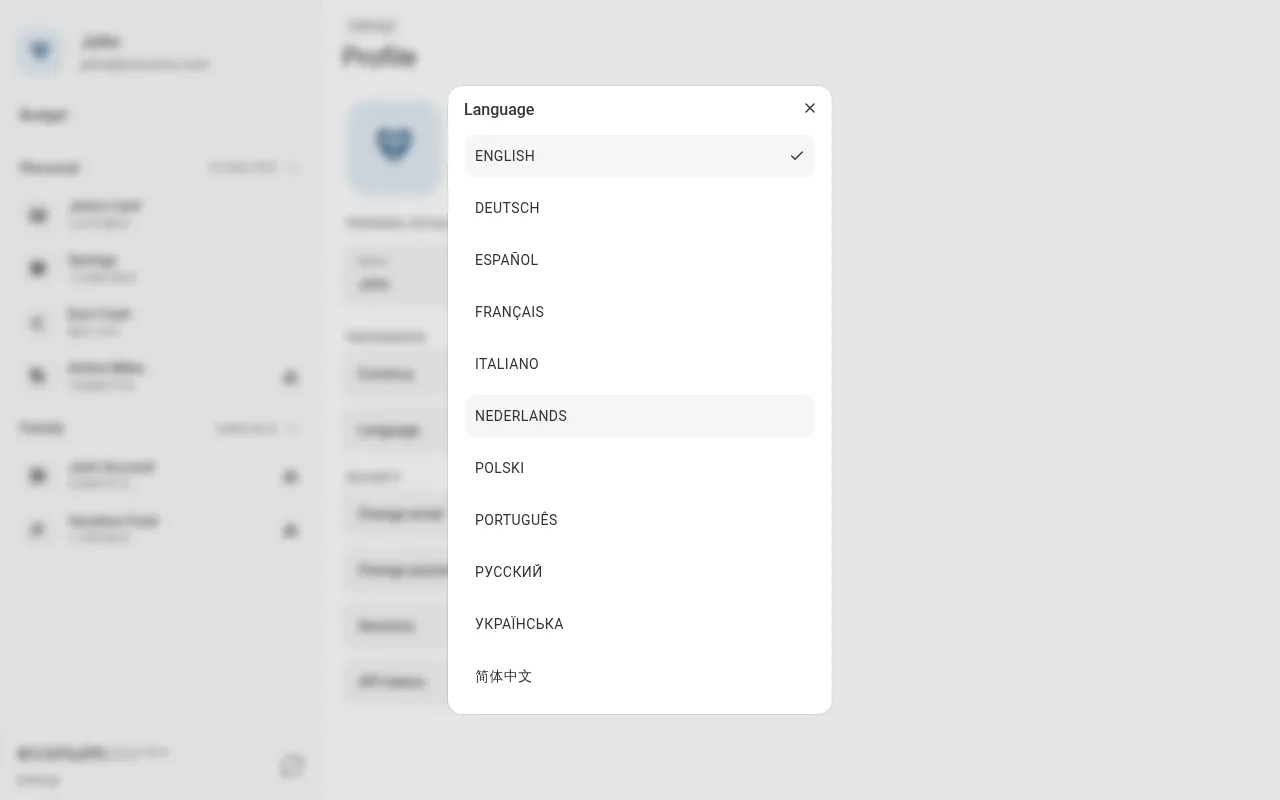 The language picker, listing all 11 supported languages (desktop)
