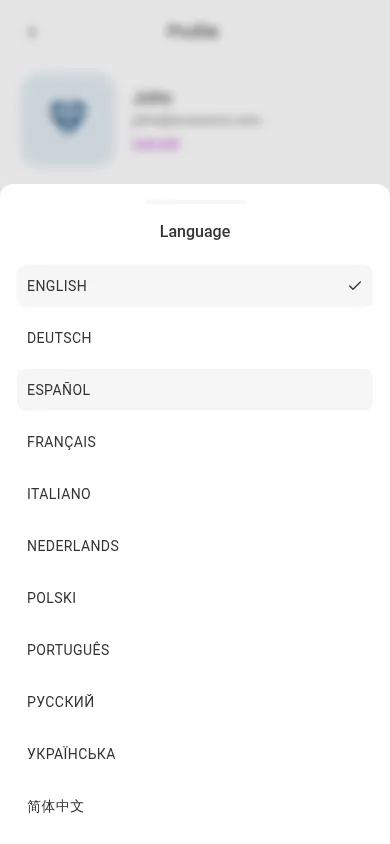The language picker, listing all 11 supported languages (mobile)