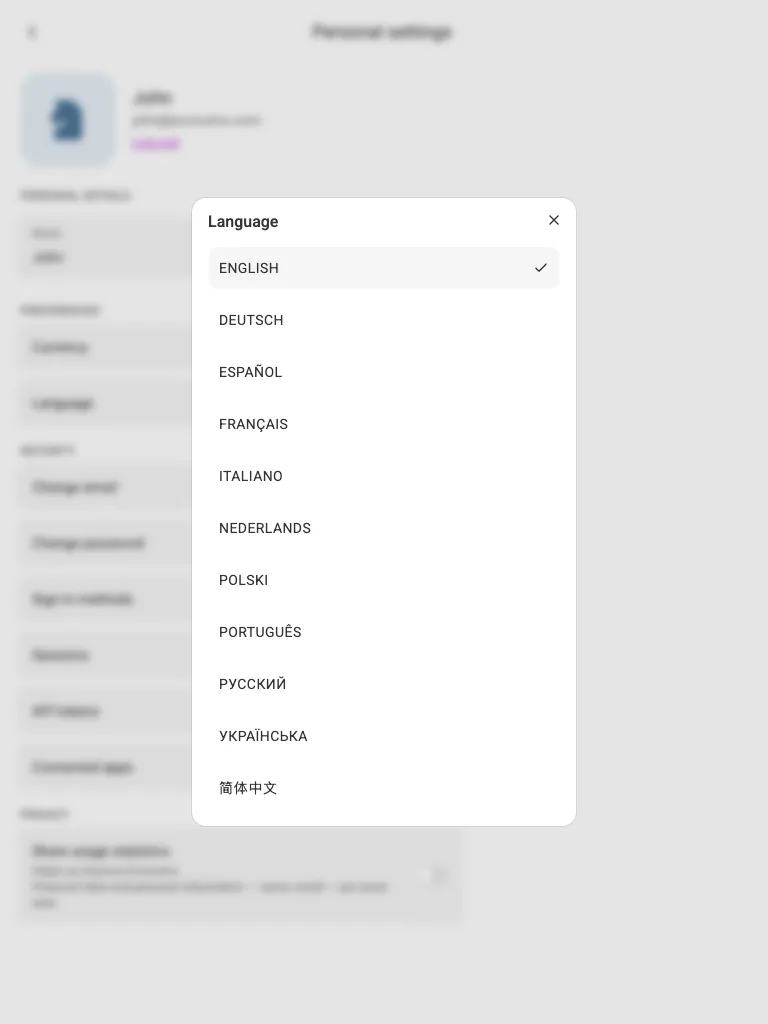 The language picker (tablet)