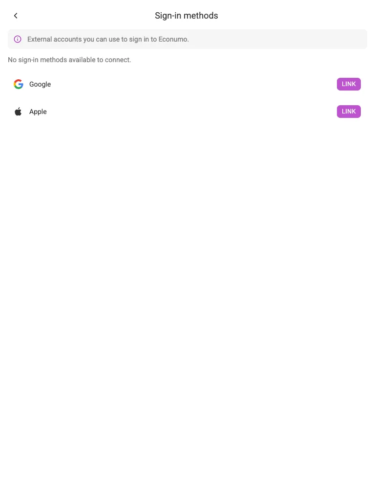 The Sign-in methods screen (tablet)
