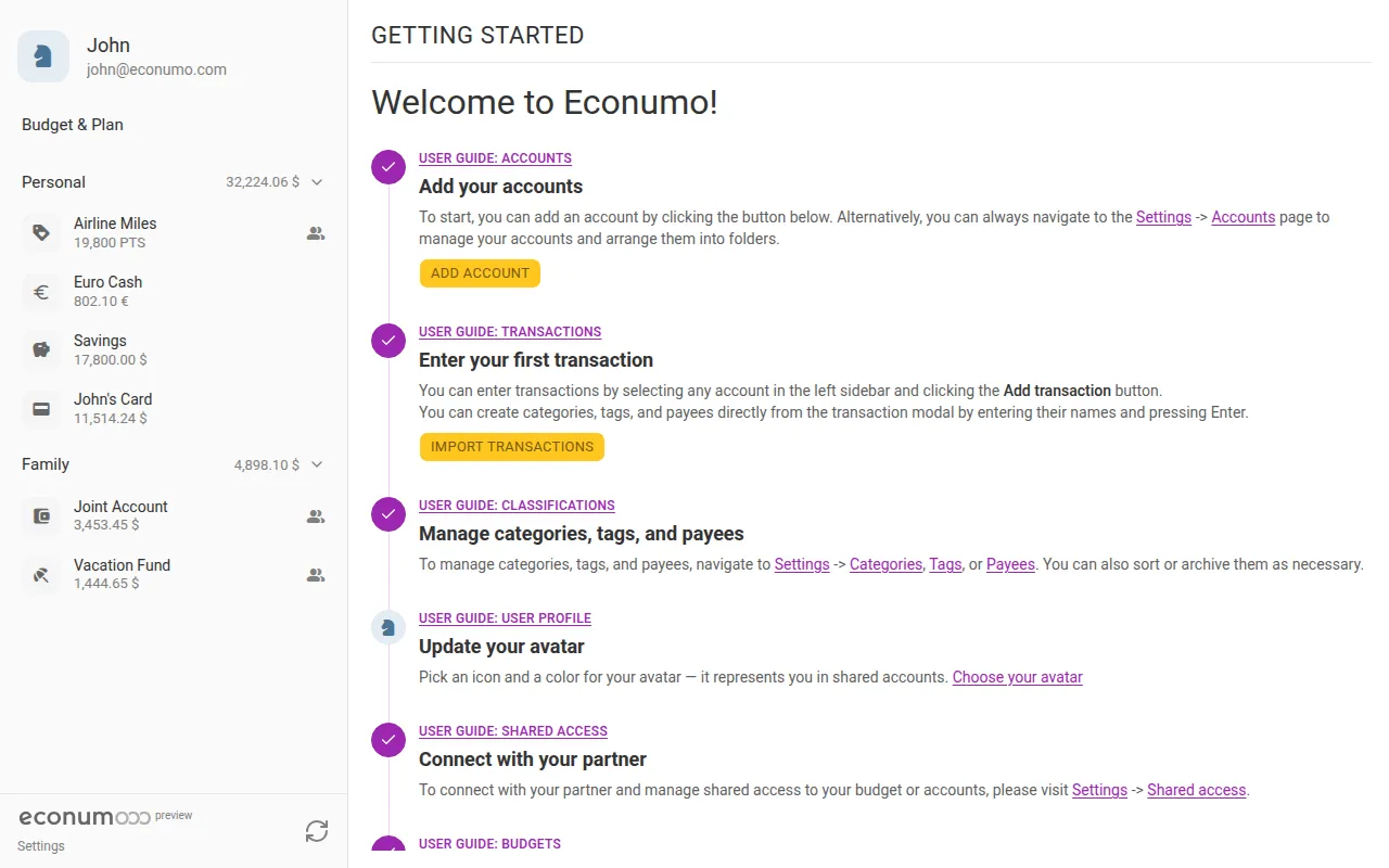 The Getting started checklist (desktop)