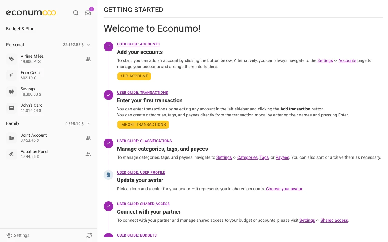The Getting started checklist (desktop)