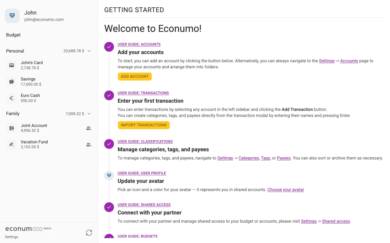 The Getting started checklist (desktop)