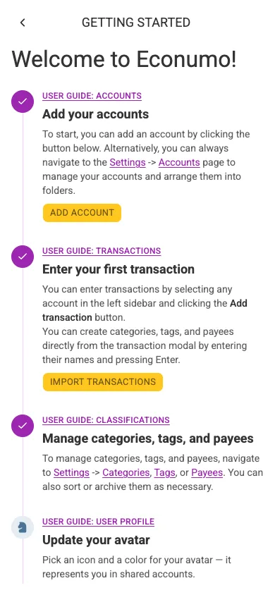The Getting started checklist (mobile)