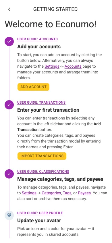 The Getting started checklist (mobile)