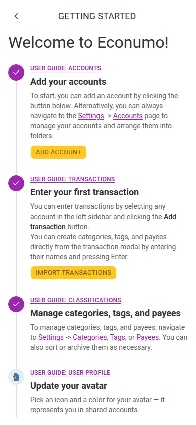 The Getting started checklist (mobile)