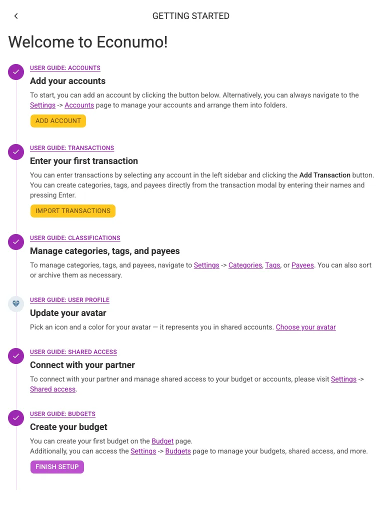 The Getting started checklist (tablet)