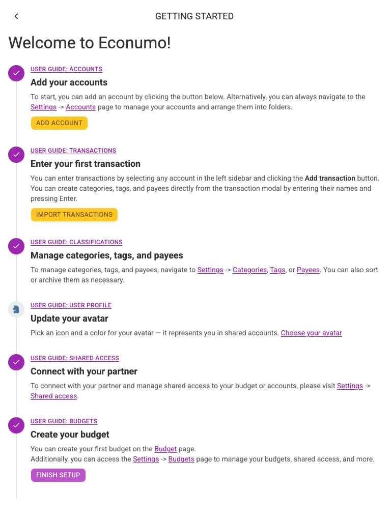 The Getting started checklist (tablet)