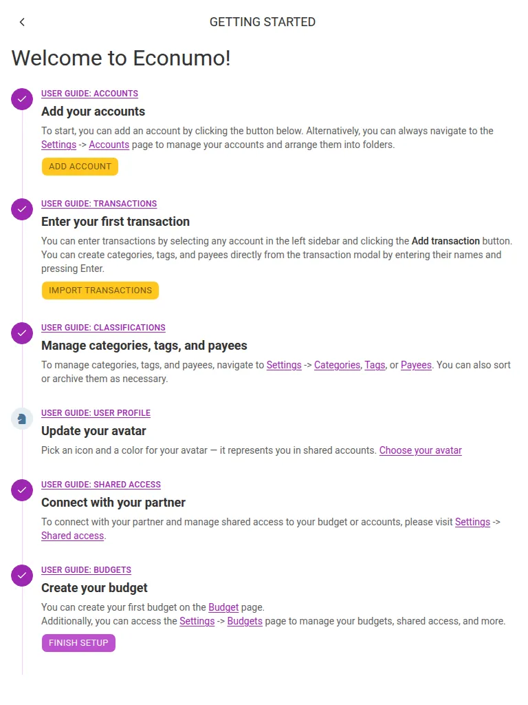 The Getting started checklist (tablet)