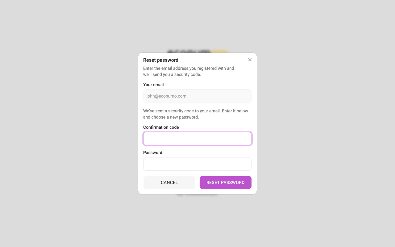 Password recovery — enter the code and a new password (desktop)