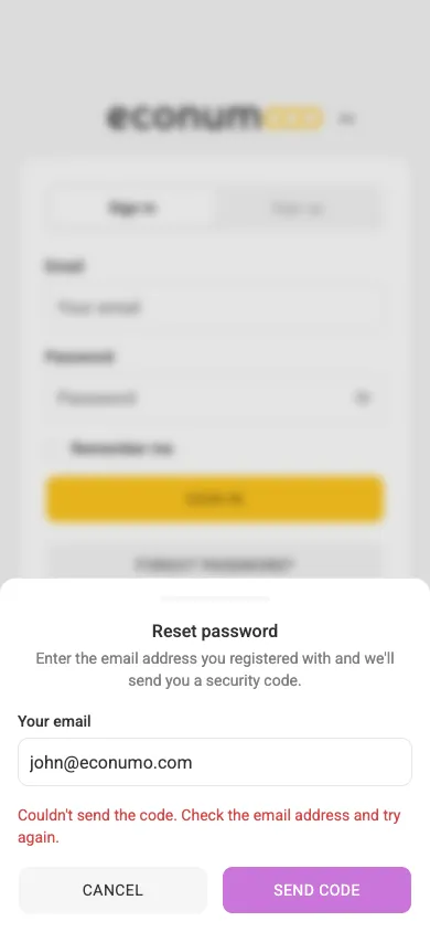 Password recovery — enter the code and a new password (mobile)