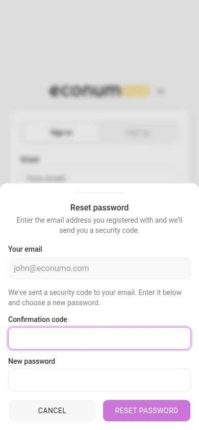 Password recovery — enter the code and a new password (mobile)