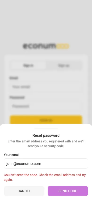 Password recovery — enter the code and a new password (mobile)