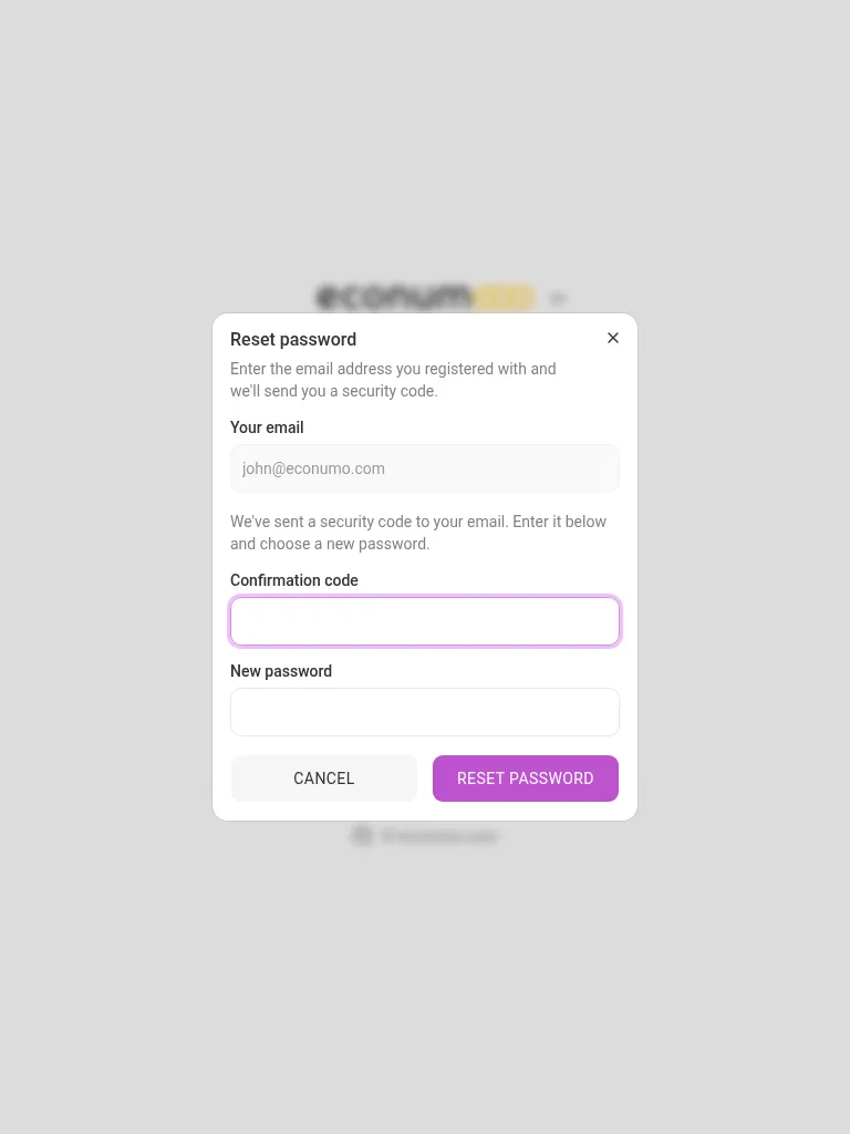 Password recovery — enter the code and a new password (tablet)