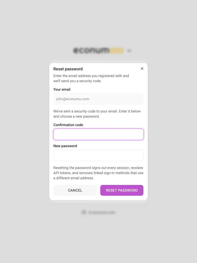 Password recovery — enter the code and a new password (tablet)