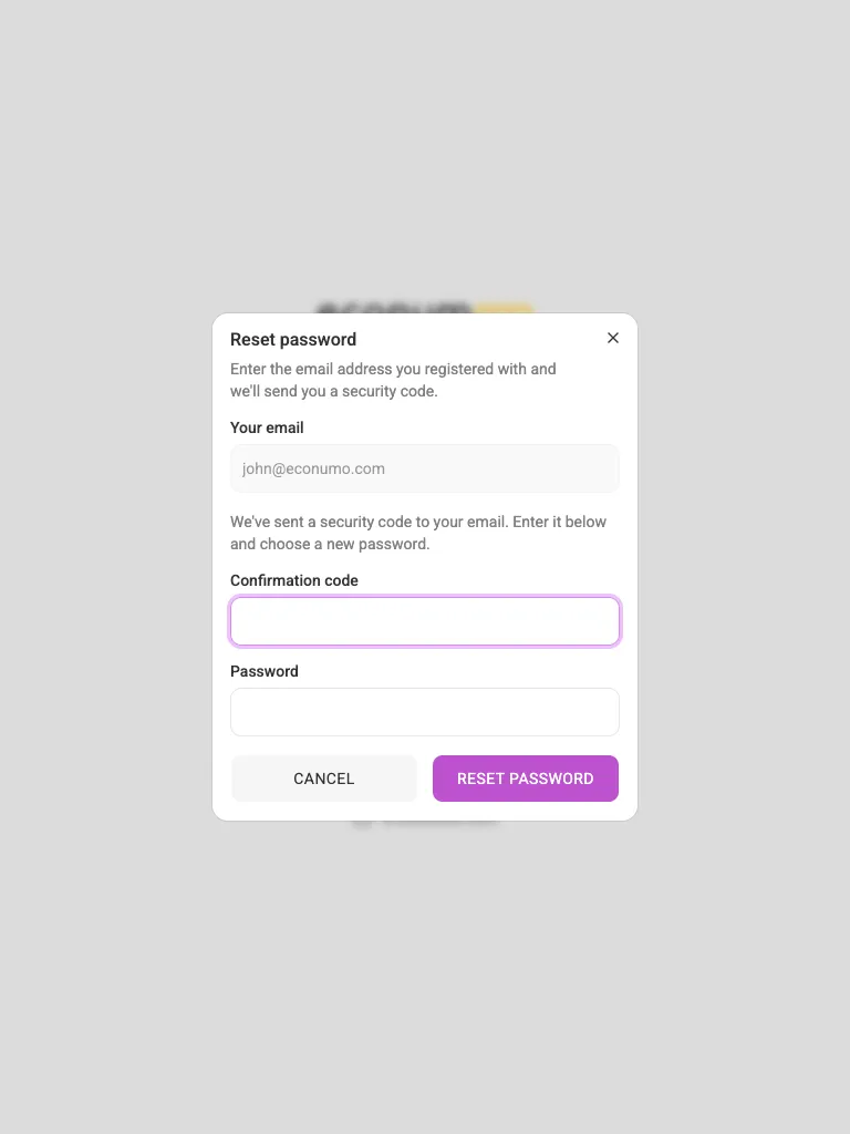 Password recovery — enter the code and a new password (tablet)