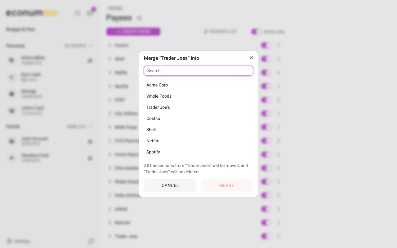 Merging a duplicate payee into the correctly spelled one (desktop)