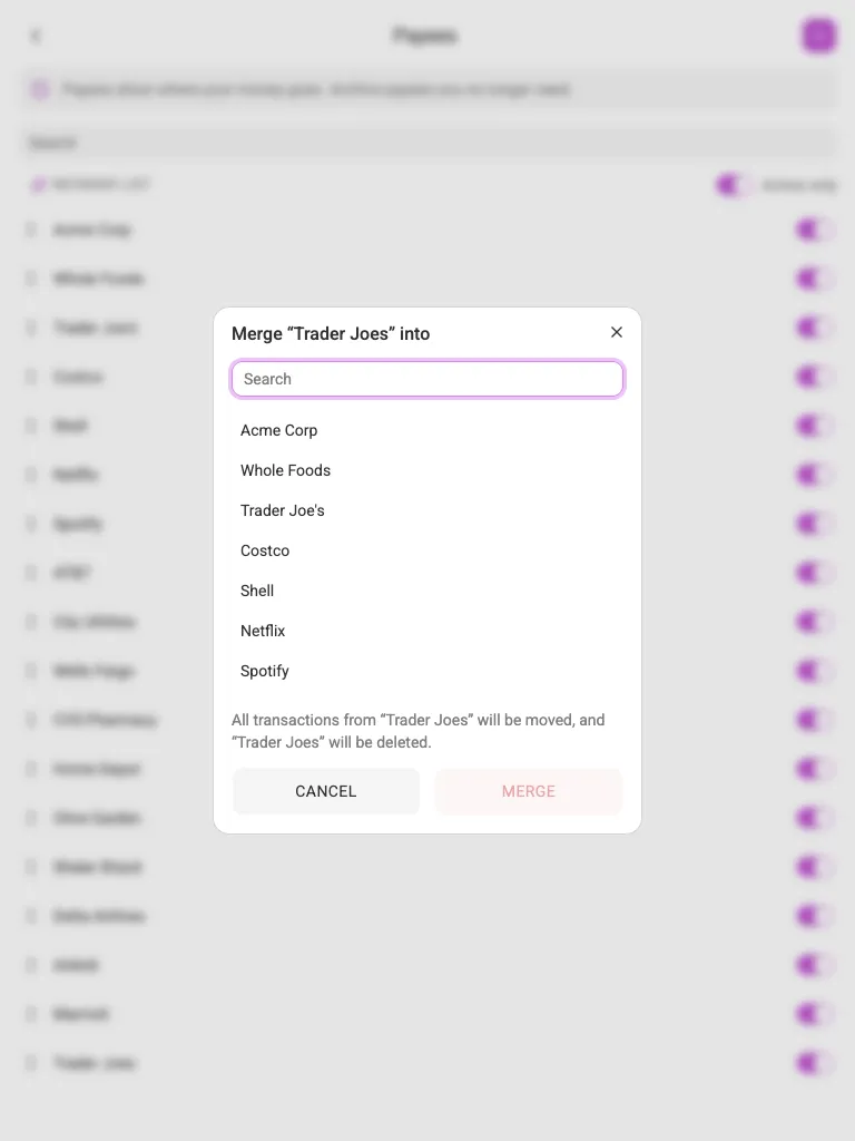 The merge dialog (tablet)