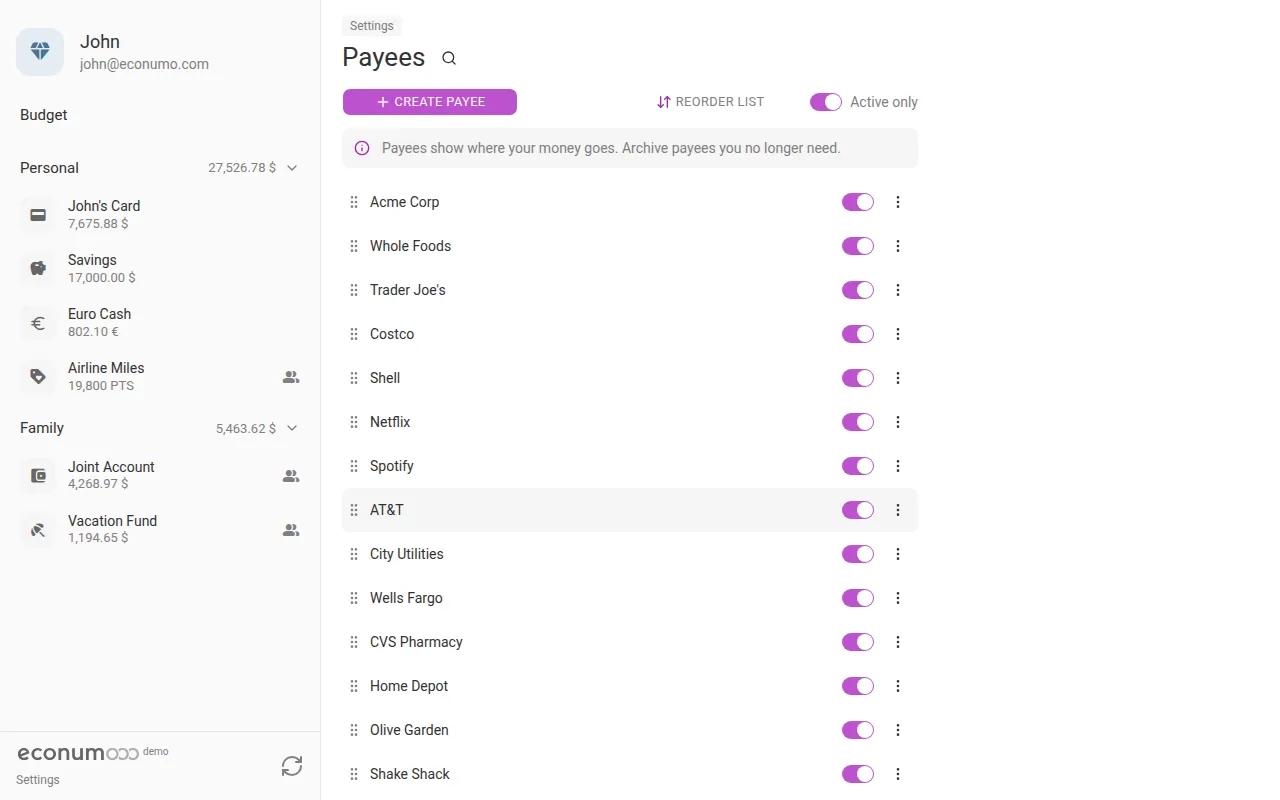 The Payees screen (desktop)