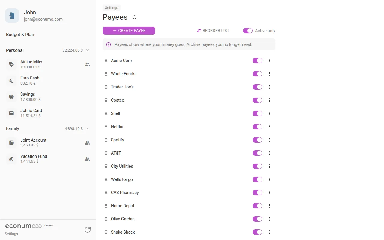 The Payees screen (desktop)
