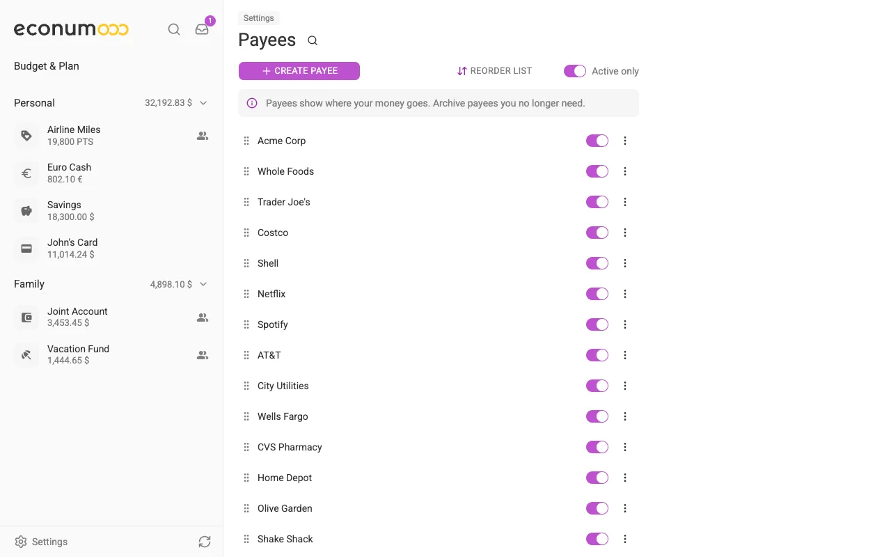 The Payees screen (desktop)