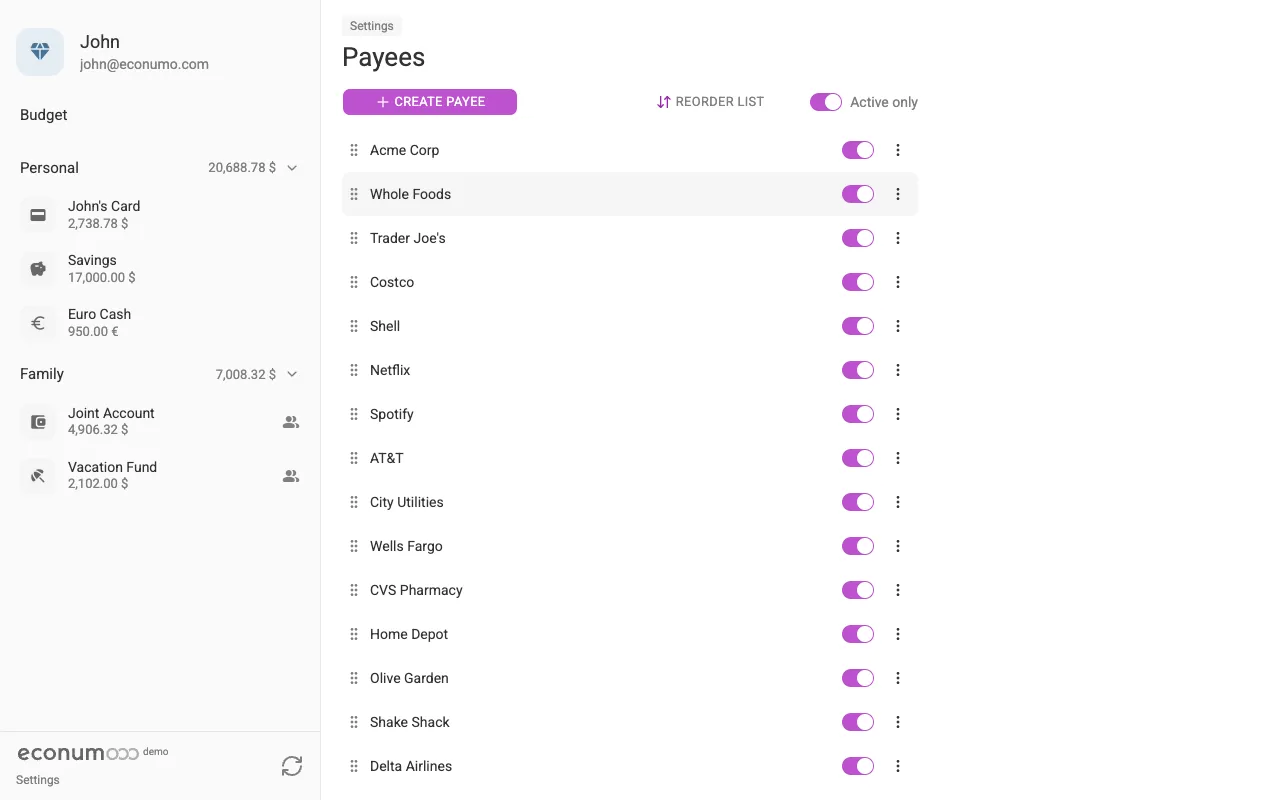 The Payees screen (desktop)