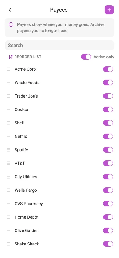 The Payees screen (mobile)