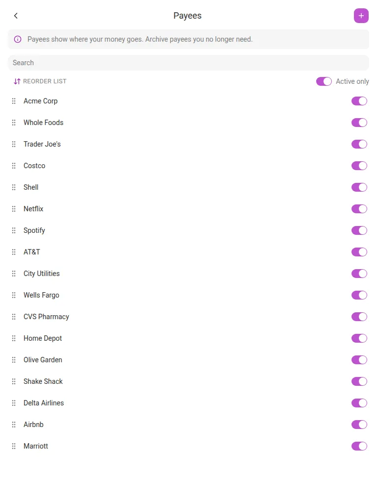 The Payees screen (tablet)