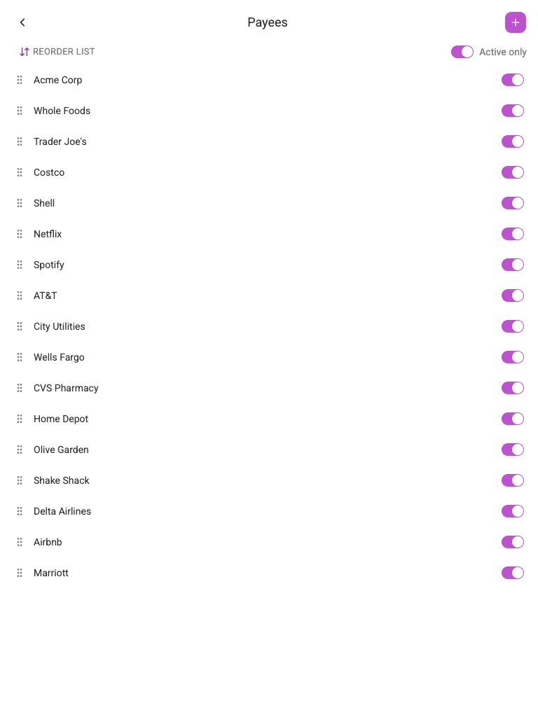 The Payees screen (tablet)