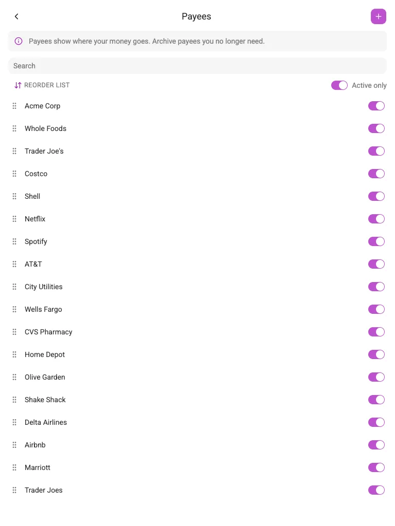 The Payees screen (tablet)