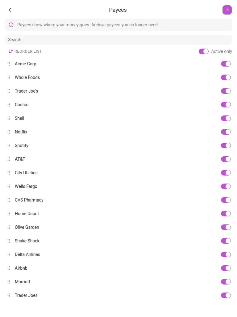 The Payees screen (tablet)