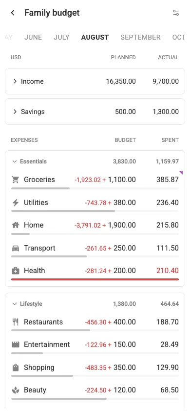 On a phone the budget stays a single-month view (mobile)