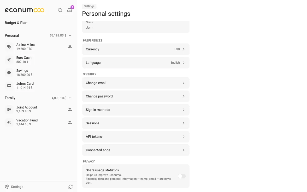 The Privacy section, with the Share usage statistics switch (desktop)