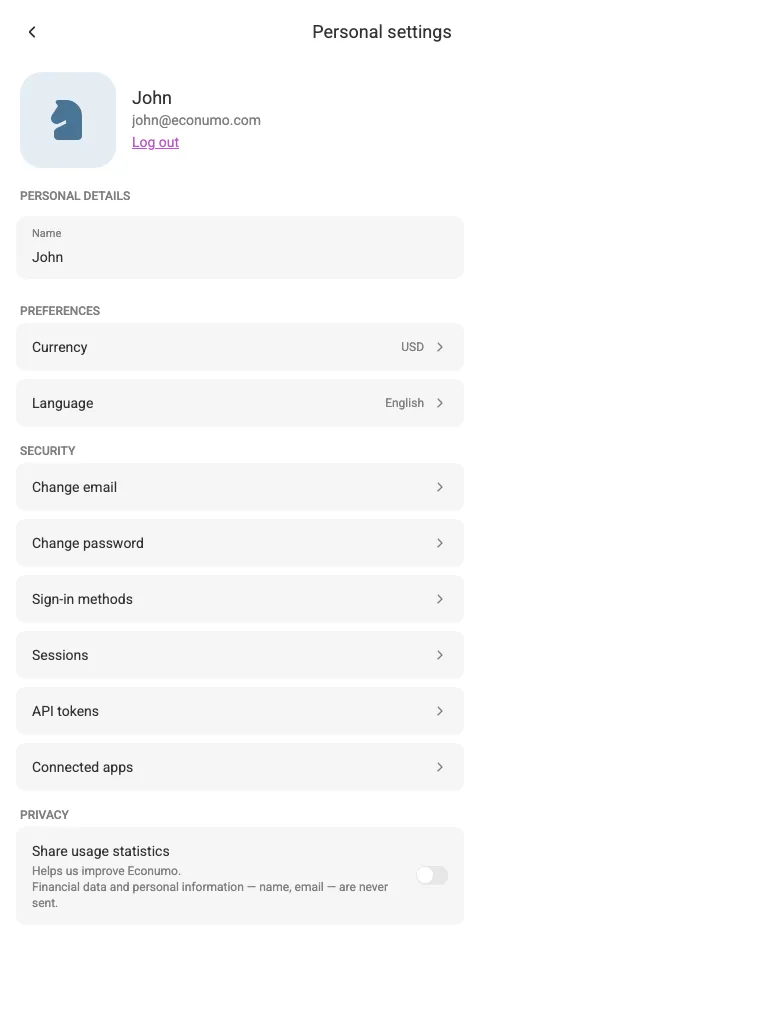 The Privacy section (tablet)