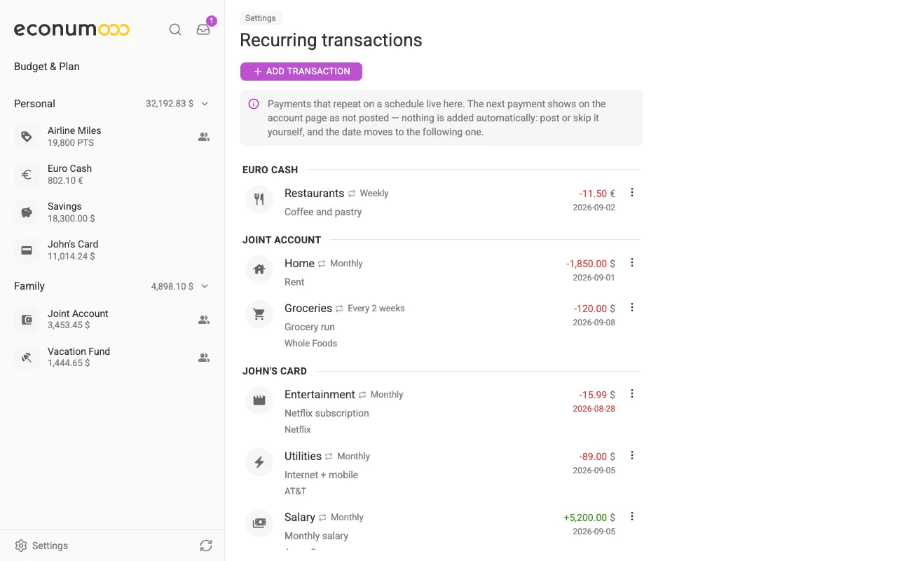 The Recurring transactions screen (desktop)