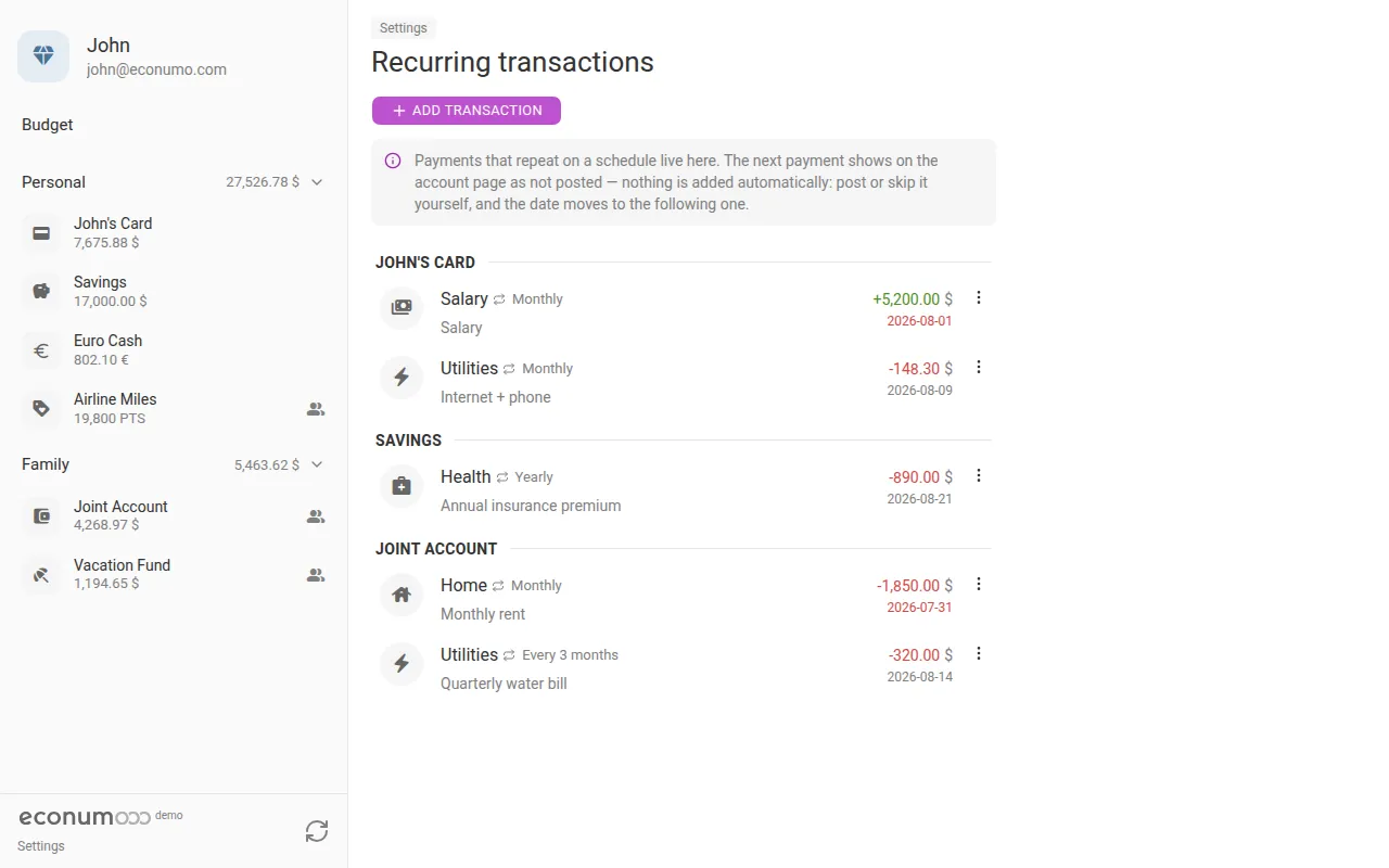 The Recurring transactions screen (desktop)