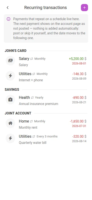 The Recurring transactions screen (mobile)