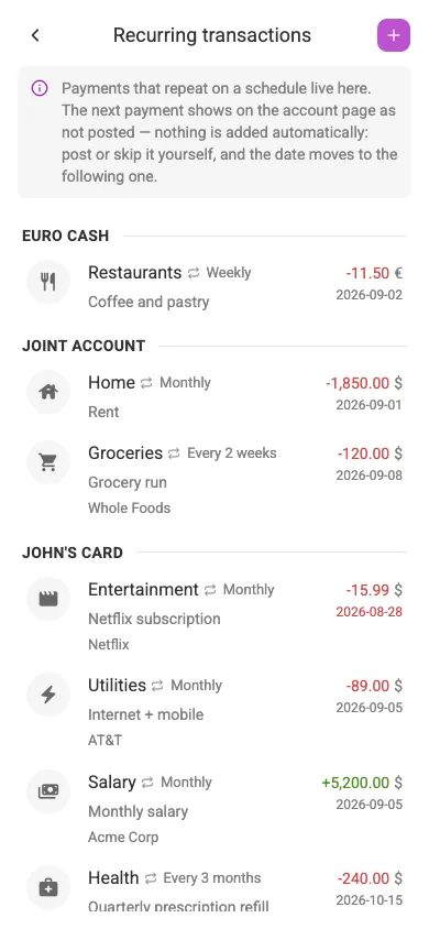 The Recurring transactions screen (mobile)