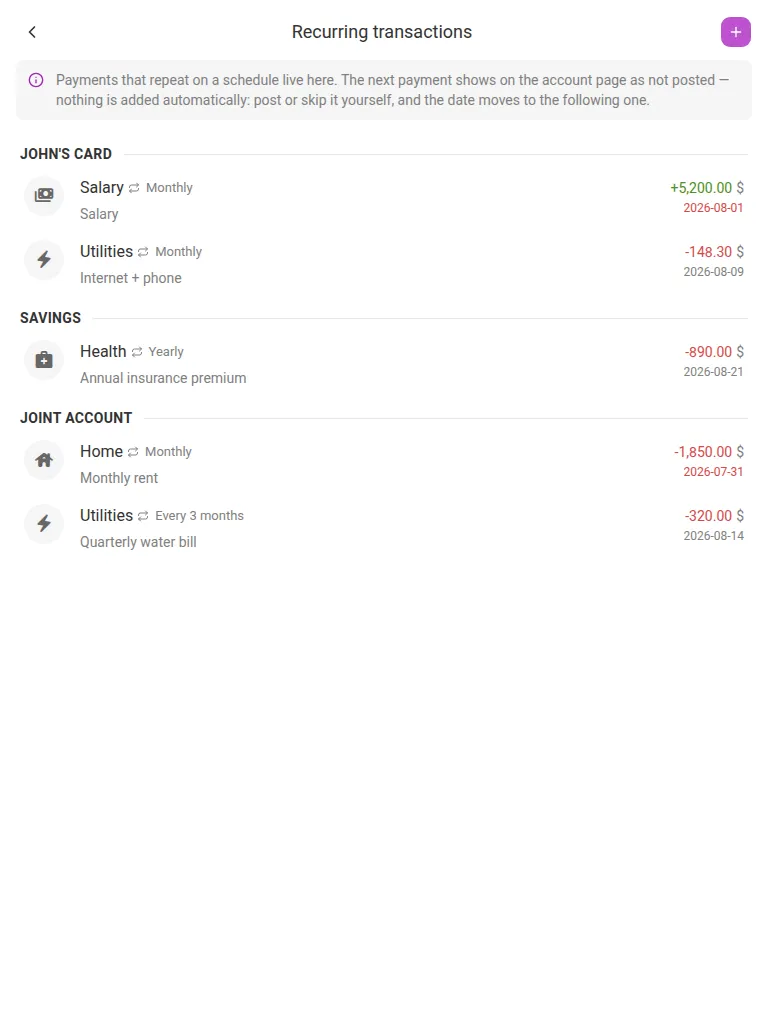 The Recurring transactions screen (tablet)