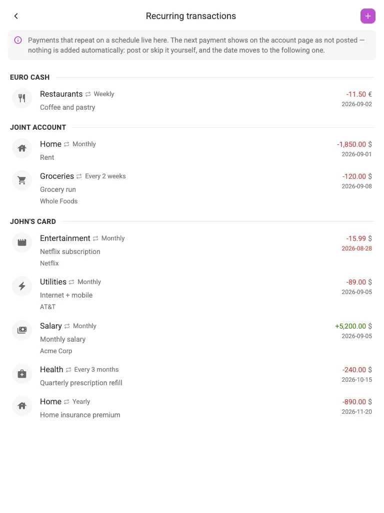 The Recurring transactions screen (tablet)