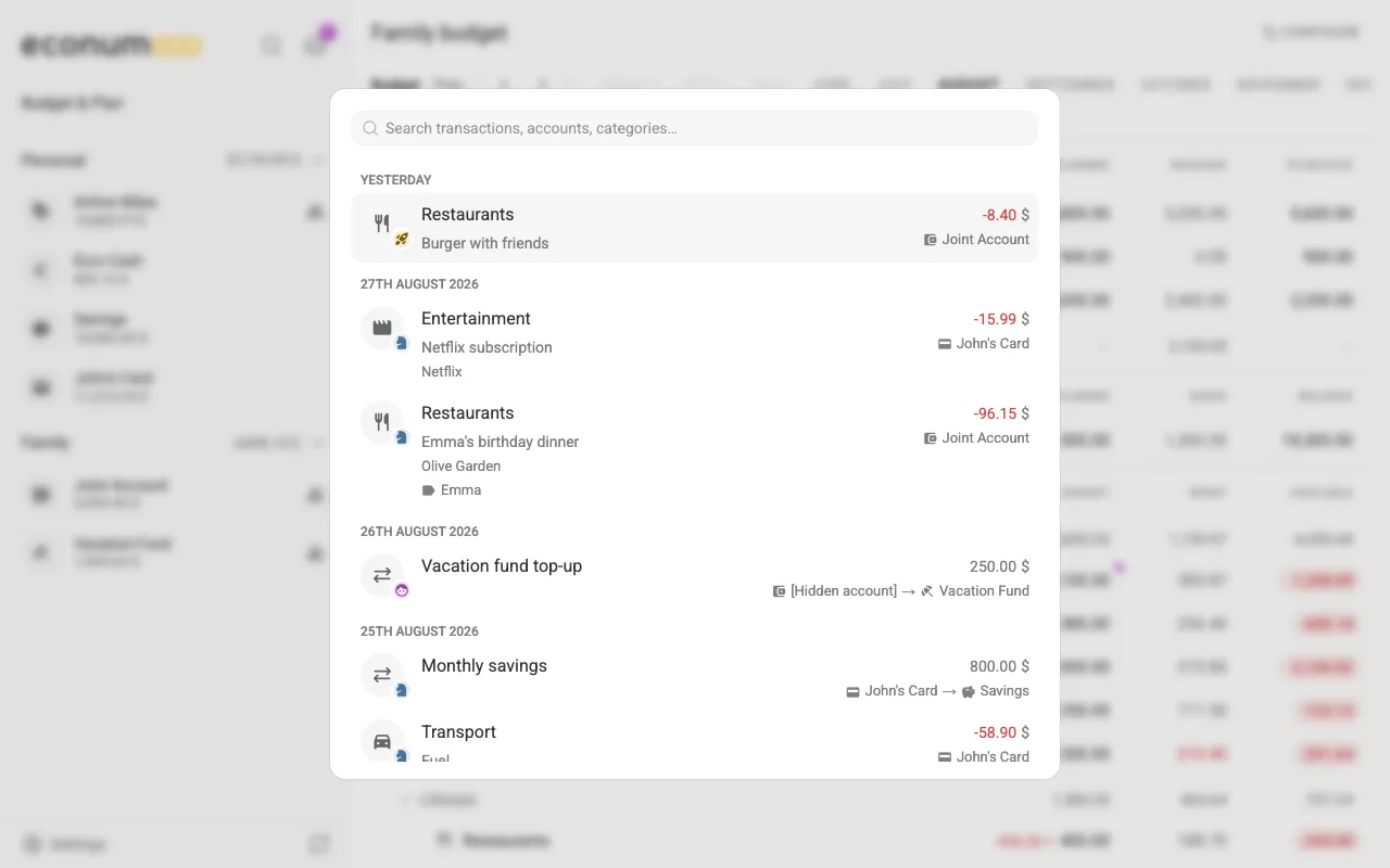 The search with recent transactions (desktop)