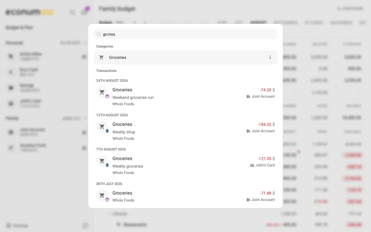 Searching for "grcries" finds the Groceries category and its transactions (desktop)