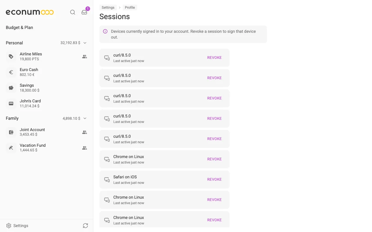 The sessions list (desktop)